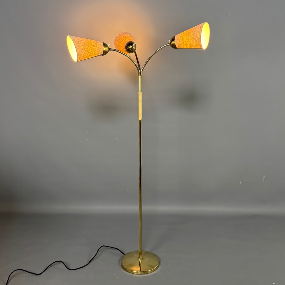 Midcentury Triple Gooseneck Brass Floor Lamp